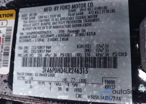 2020 Ford Fusion Se z USA, uszkodzony, nr VIN 3FA6P0HD4LR246315